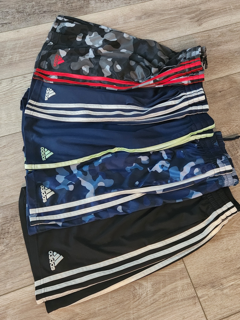adidas Youth Shorts Lot Of 5 - Black, Navy, Blue Camo, Gray Camo Large